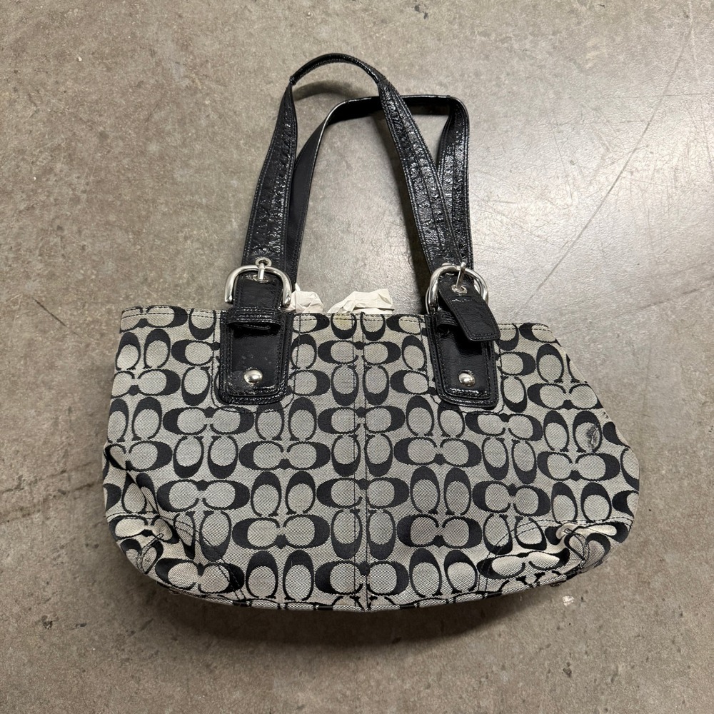 Coach Signature‎ Canvas Tote Bag Black Gray Patent Trim F13117